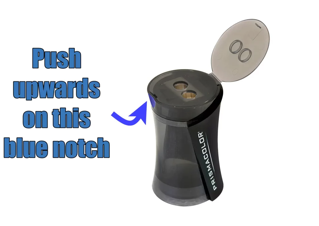 Image is showing how to open Prismacolor pencil sharpener with a notch